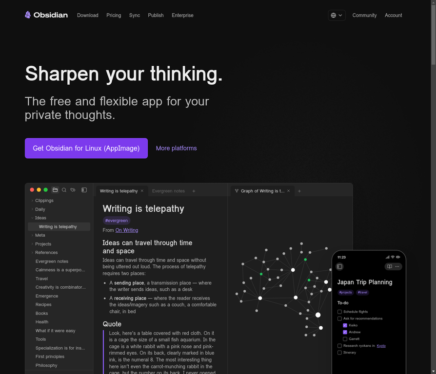 Obsidian 主界面，左侧为文件树，右侧为编辑器和图谱视图