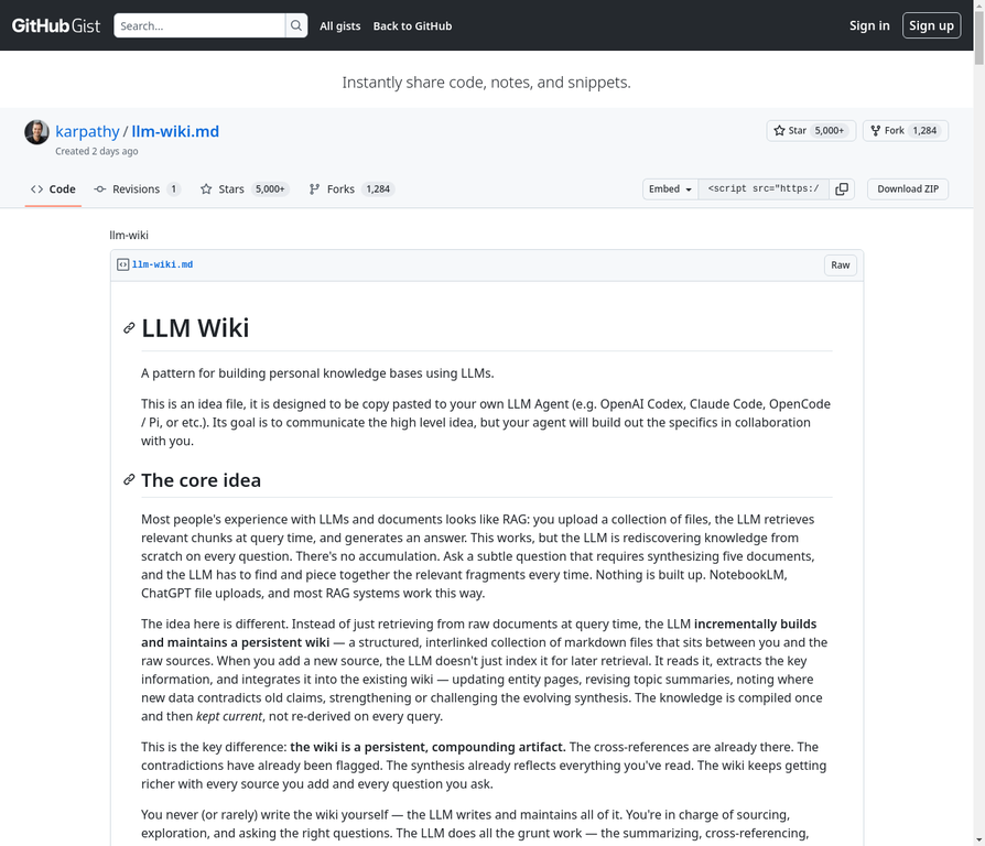 Karpathy 原文 Gist，已获 5000+ Star