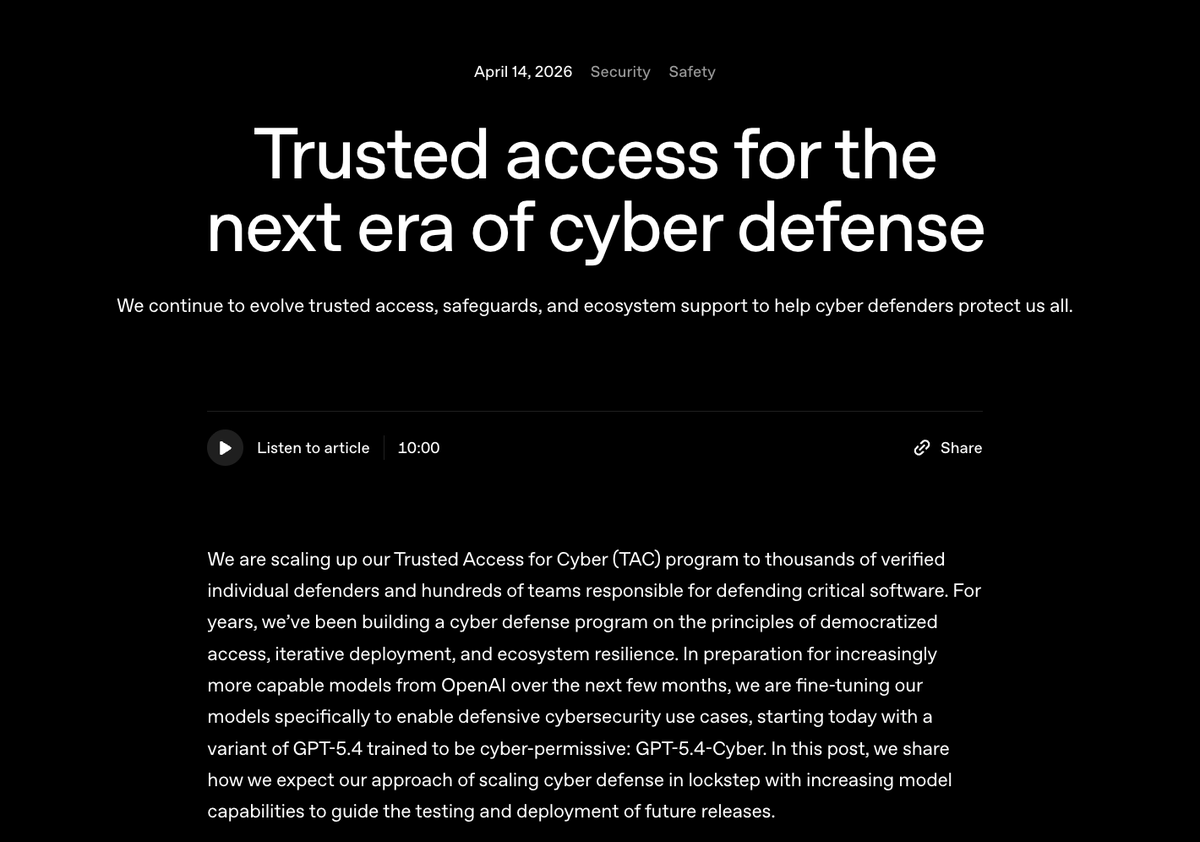 OpenAI 发布 GPT-5.4-Cyber 及网络安全可信访问计划